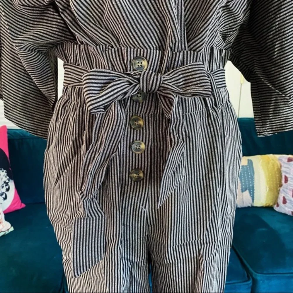 Umgee | Carmen Pinstripe Jumpsuit Paperbag Wide Sleeve Charcoal Black New Medium - Picture 7 of 15